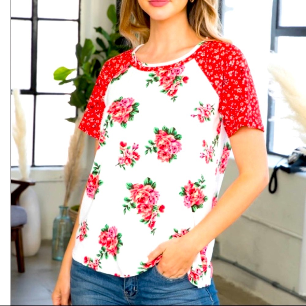 IVORY-PINK/CHERRY red -WINE red + white ROUND NECK FLORAL CONTRAST RAGLAN TOP